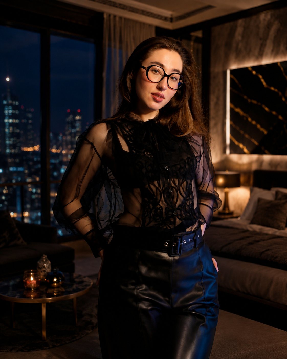 May standing with city lights behind her