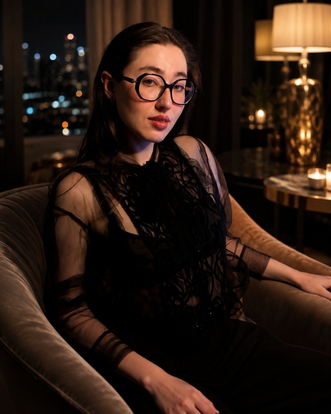 May seated in a softly lit room at night
